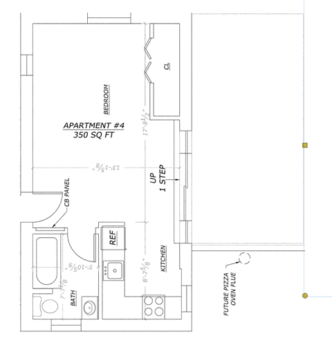 Apartment floor plan with a bedroom, bathroom, kitchen, and pizza oven.